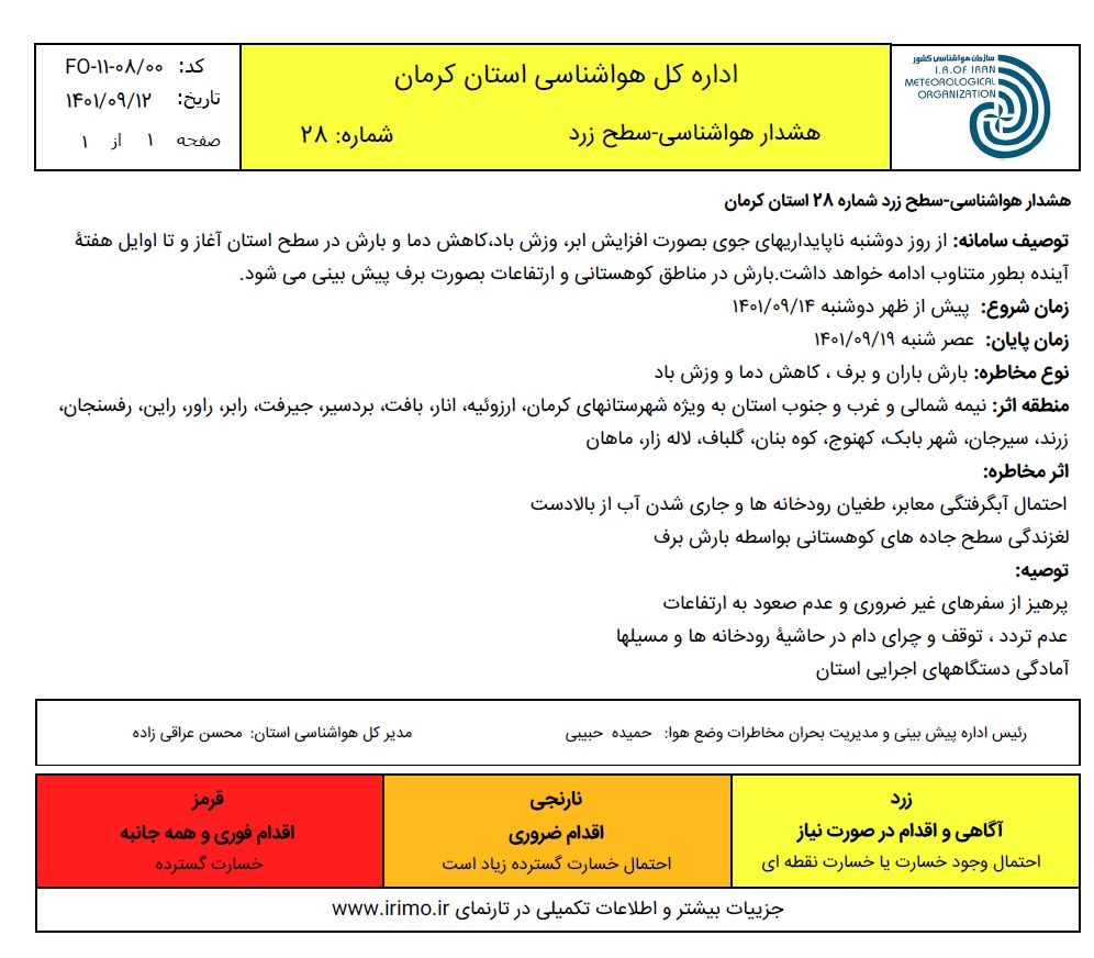 هشدار سطح زرد _ آغاز ناپایداری در استان از روز دوشنبه